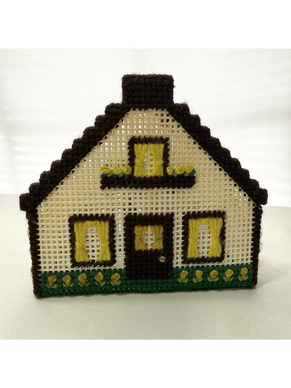 Vintage 60s Needlepoint Plastic Napkin Letter Holder House Cottage Handcrafted
